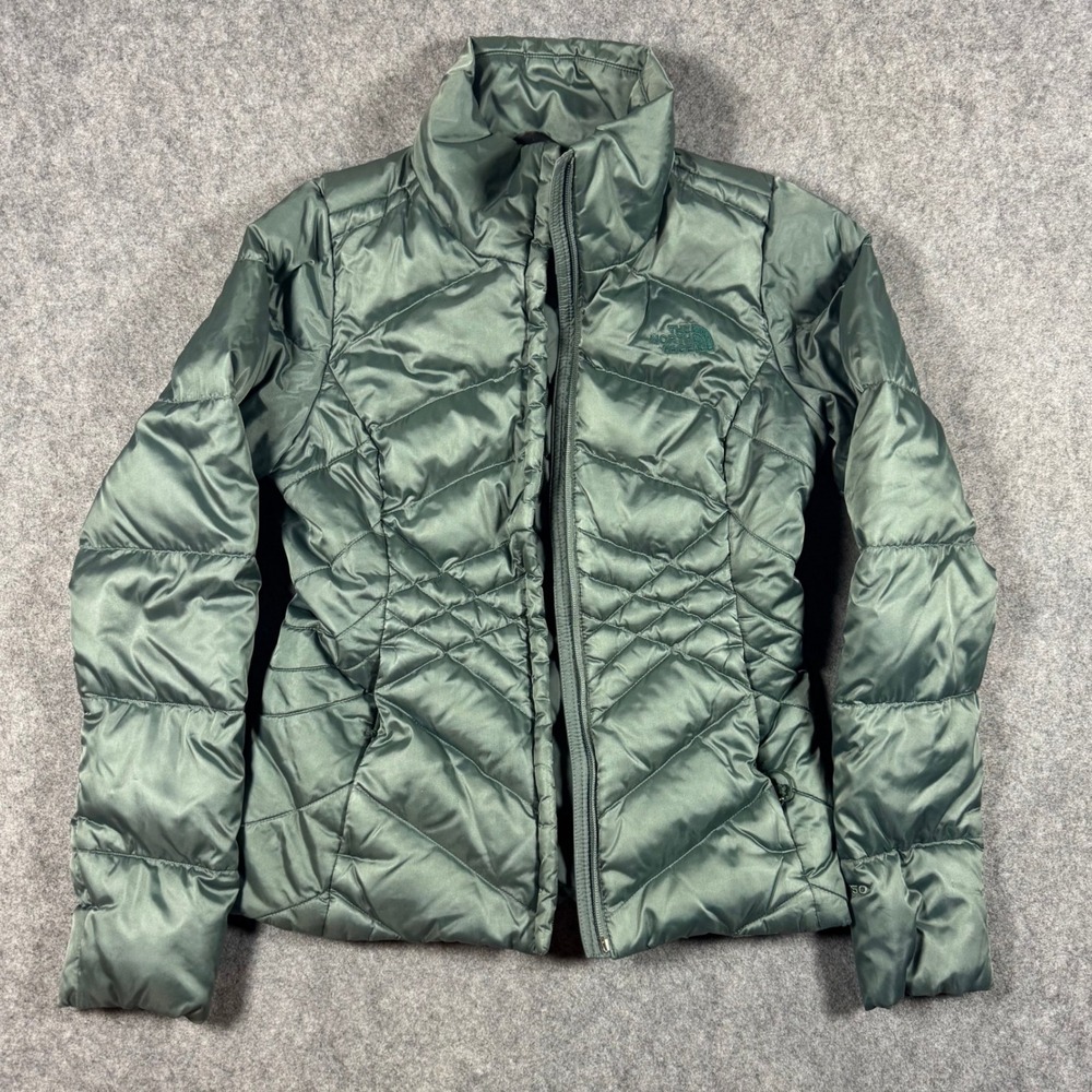 The North Face Puffer Jacket Womens S Green 550 Down Quilted Full Zip Coat FLAW*